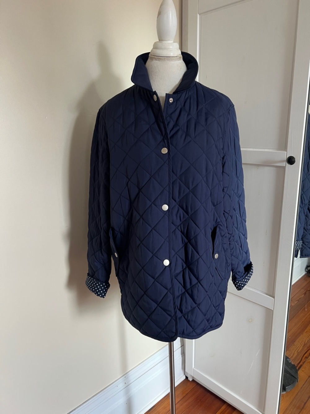 Jones New York Signature Navy Quilted Preppy Nautical Jacket L Polka Dot Lining